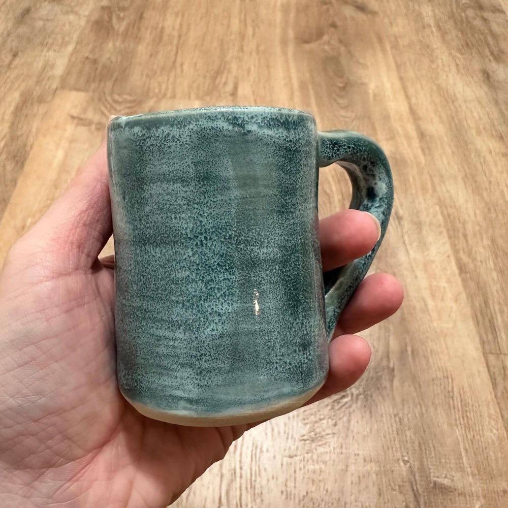Studio Pottery Mug Teal Green Mottled Glaze Handcrafted 6 oz Ceramic Cup